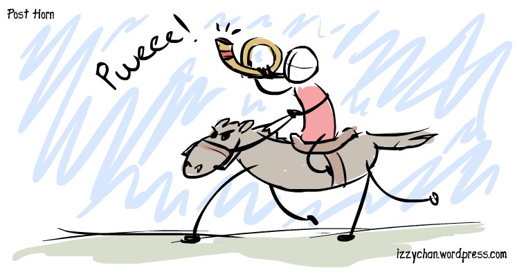 rider on poorly drawn horse blowing into a post horn pweee