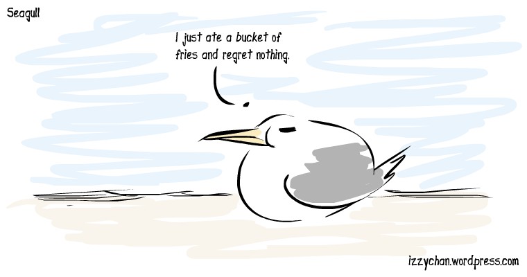 round fat seagull on beach. I just ate a bucket of fries and regret nothing