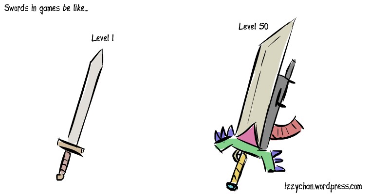 swords in games be like level 1 normal sword, level 50 multicolor sword with ridiculous attachments guns spikes ugly colors unrealistic